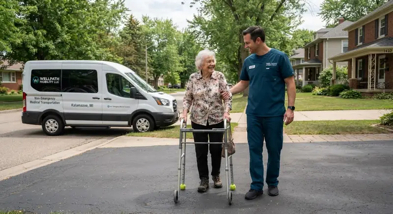 Driver offering arm support to an elderly woman using a walker