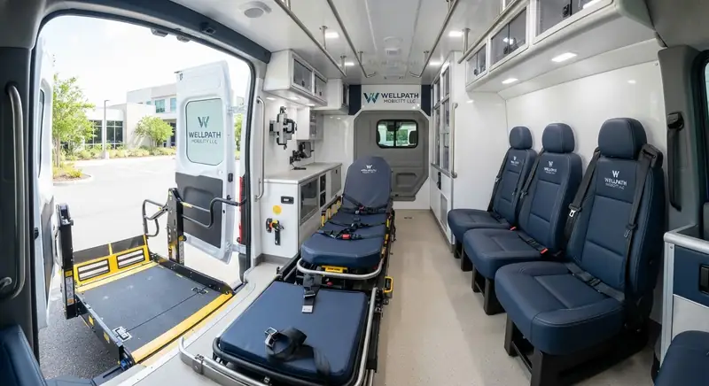Spacious van interior with wide lift and extra seating for bariatric transport
