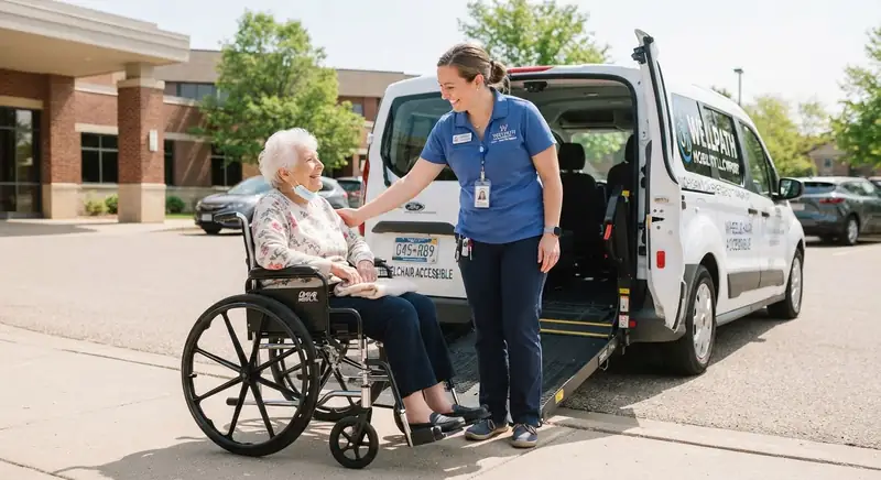 Wellpath Mobility team member assisting an elderly passenger in a wheelchair