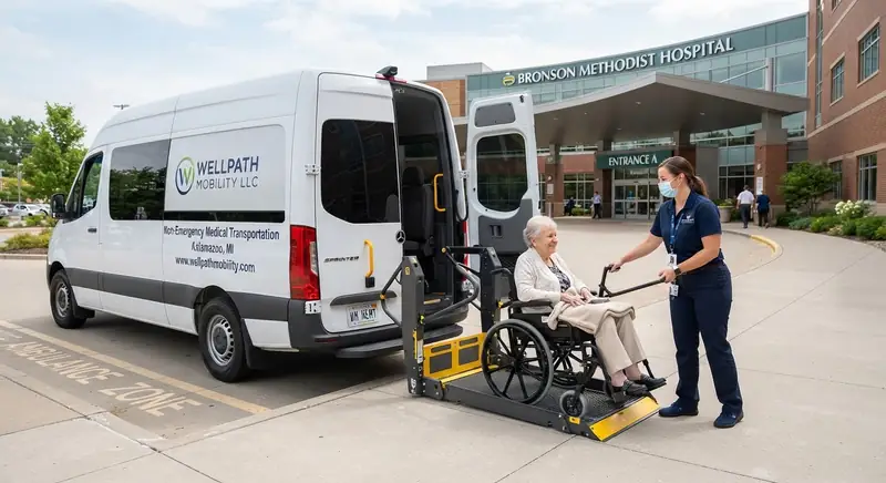 Wellpath Mobility driver helping a patient onto a wheelchair lift outside Bronson Methodist Hospital