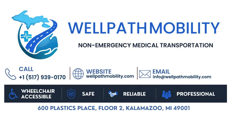 Wellpath Mobility: call +1 (517) 939-0170, wellpathmobility.com, info@wellpathmobility.com, 600 Plastics Place, Floor 2, Kalamazoo, MI 49001. Wheelchair accessible, safe, reliable, professional.