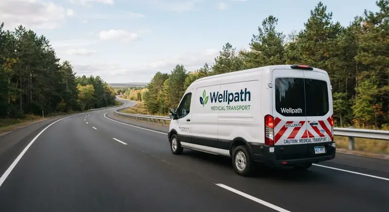 Wellpath medical transport van on a Michigan highway