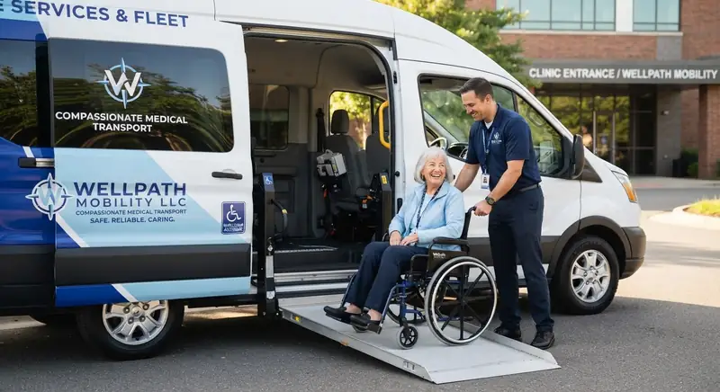 Wellpath Mobility driver helping a senior in a wheelchair up the ramp of an accessible van