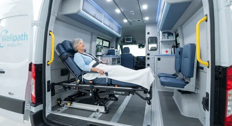 Patient reclining on a stretcher secured inside a medical transport van