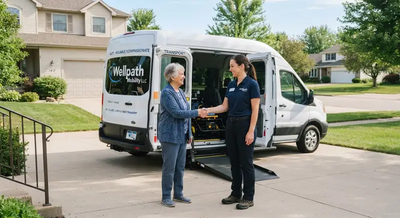 Wellpath Mobility team member greeting a client beside an accessible van