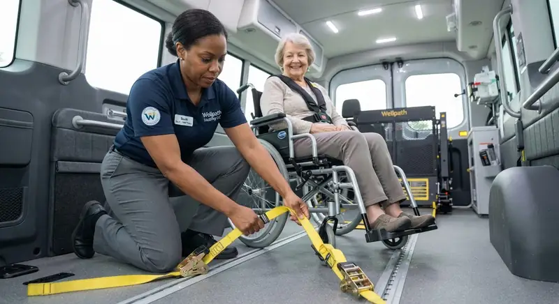 Driver locking a wheelchair into floor tie-downs inside an accessible van